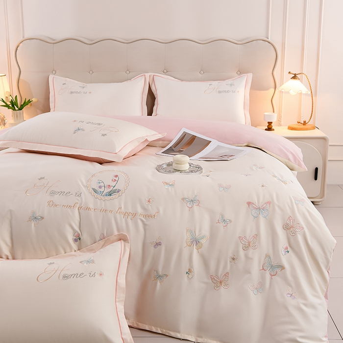 91家纺网 家纺一手货源 找家纺 登登家纺 2025新款A类长绒棉刺绣四件套-风铃 风铃-青白