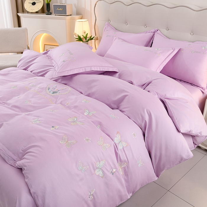 91家纺网 家纺一手货源 找家纺 登登家纺 2025新款A类长绒棉刺绣四件套-风铃 风铃-紫