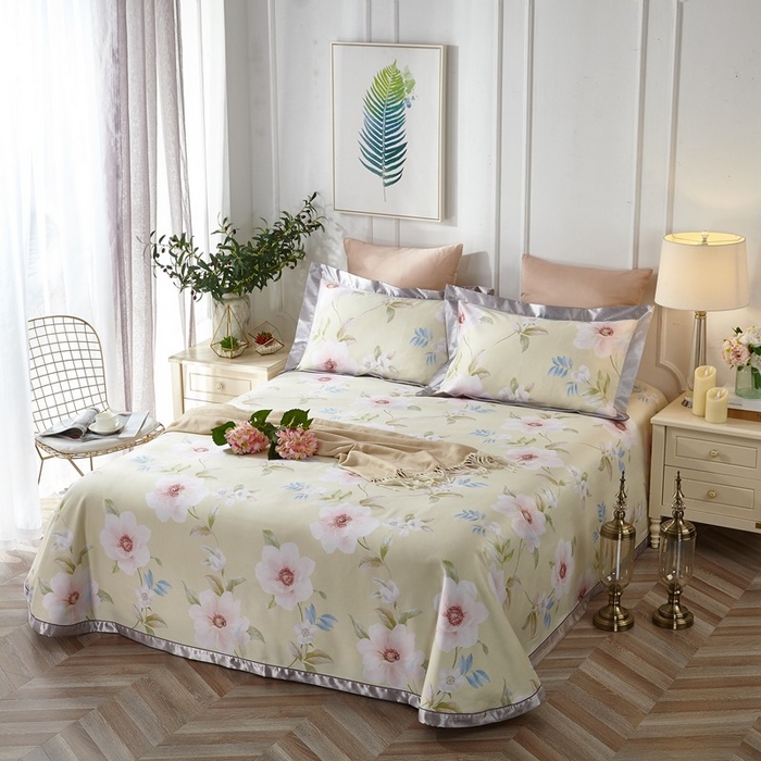 91家纺网 家纺一手货源 找家纺 威克凯丽 2025新款竹语天丝软凉席三件套 云水之谣-浅黄