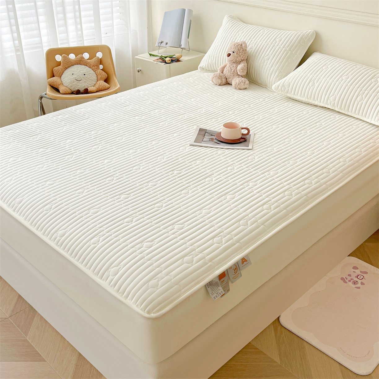 91家纺网 家纺一手货源 找家纺 雯豆家纺 2025新款洛川A类夹棉床笠三件套水洗棉磨毛纯色床护垫床单保护套 洛川-月光白