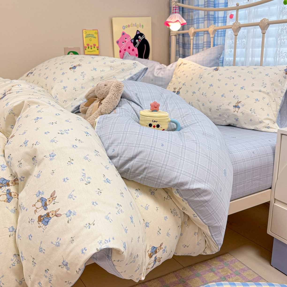 91家纺网 家纺一手货源 找家纺 呗旺鹿 2025新款40s全棉纯棉卡通印花学生系列四件套 兔彼得