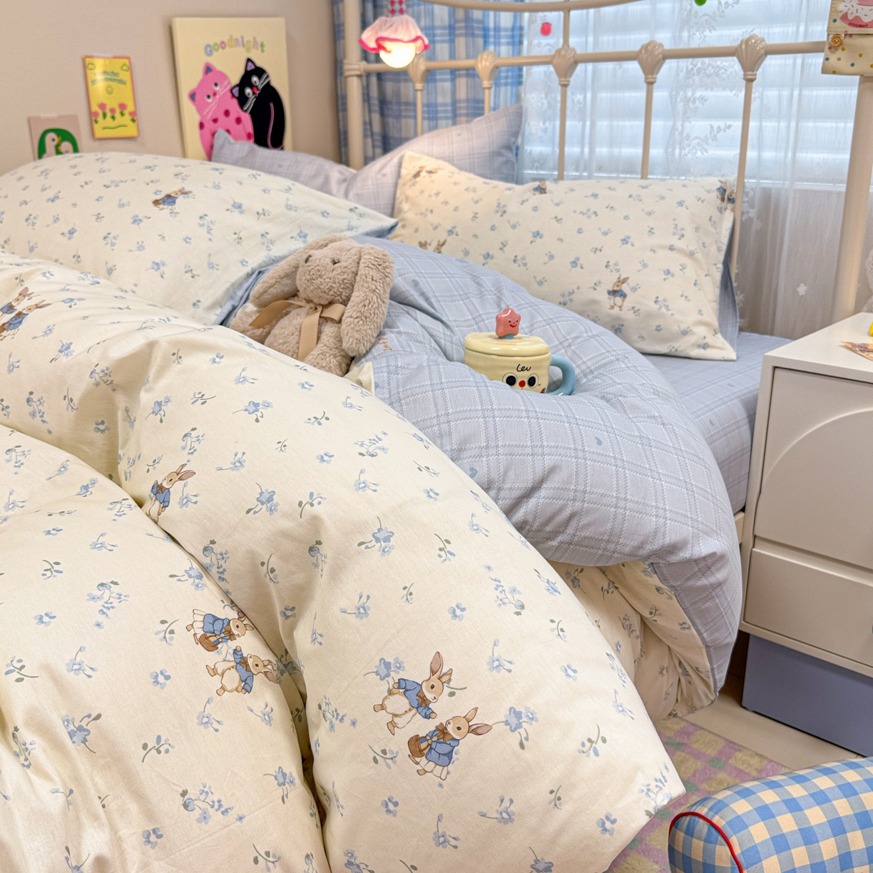 91家纺网 家纺一手货源 找家纺 呗旺鹿 2025新款40s全棉纯棉卡通印花学生系列四件套 兔彼得