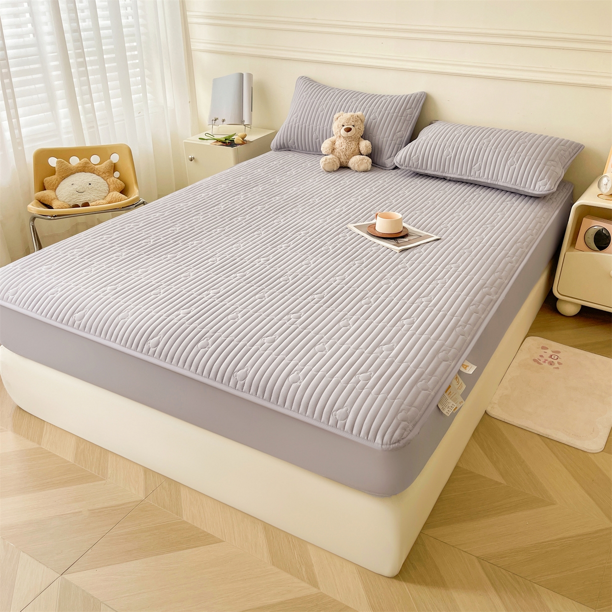 91家纺网 家纺一手货源 找家纺 雯豆家纺 2025新款洛川A类防水夹棉床笠三件套水洗棉磨毛床单保护套 洛川-暮云灰