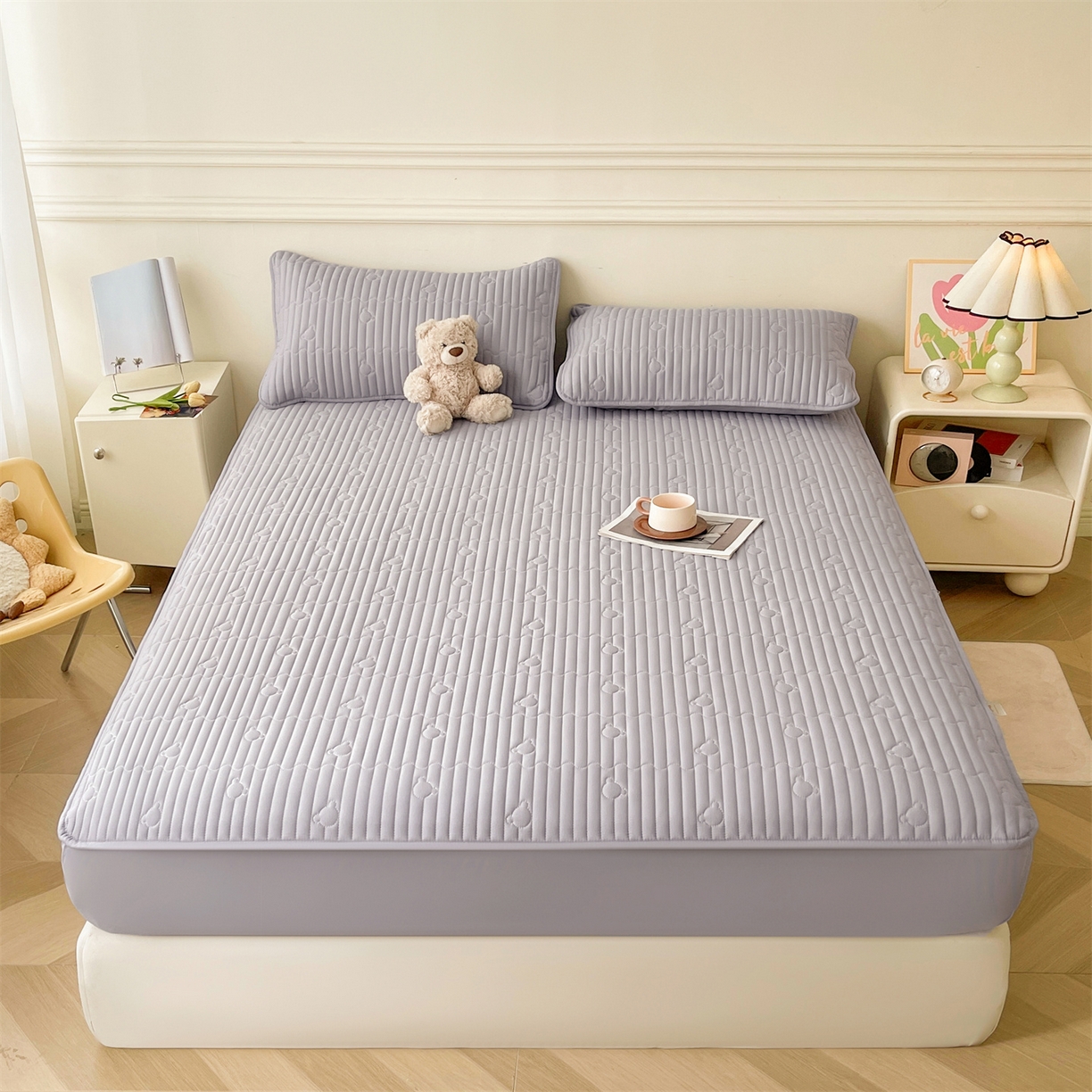 91家纺网 家纺一手货源 找家纺 雯豆家纺 2025新款洛川A类防水夹棉床笠三件套水洗棉磨毛床单保护套 洛川-暮云灰