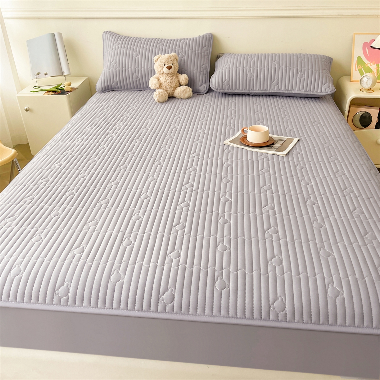 91家纺网 家纺一手货源 找家纺 雯豆家纺 2025新款洛川A类防水夹棉床笠三件套水洗棉磨毛床单保护套 洛川-暮云灰