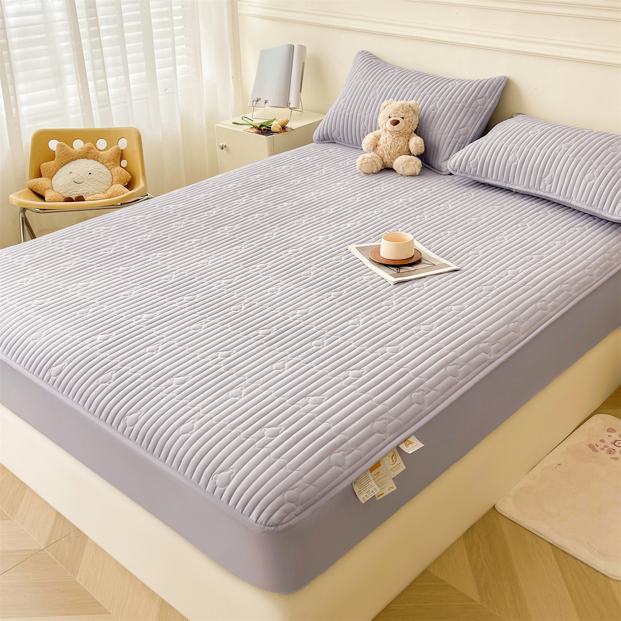 91家纺网 家纺一手货源 找家纺 雯豆家纺 2025新款洛川A类防水夹棉床笠三件套水洗棉磨毛床单保护套 洛川-暮云灰