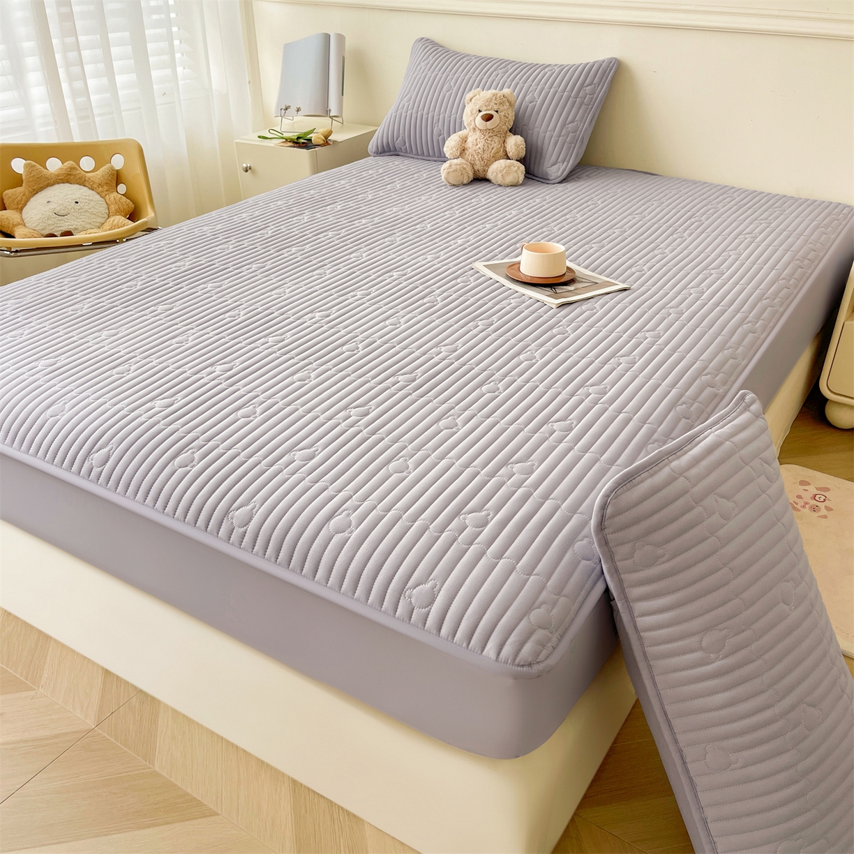 91家纺网 家纺一手货源 找家纺 雯豆家纺 2025新款洛川A类防水夹棉床笠三件套水洗棉磨毛床单保护套 洛川-暮云灰