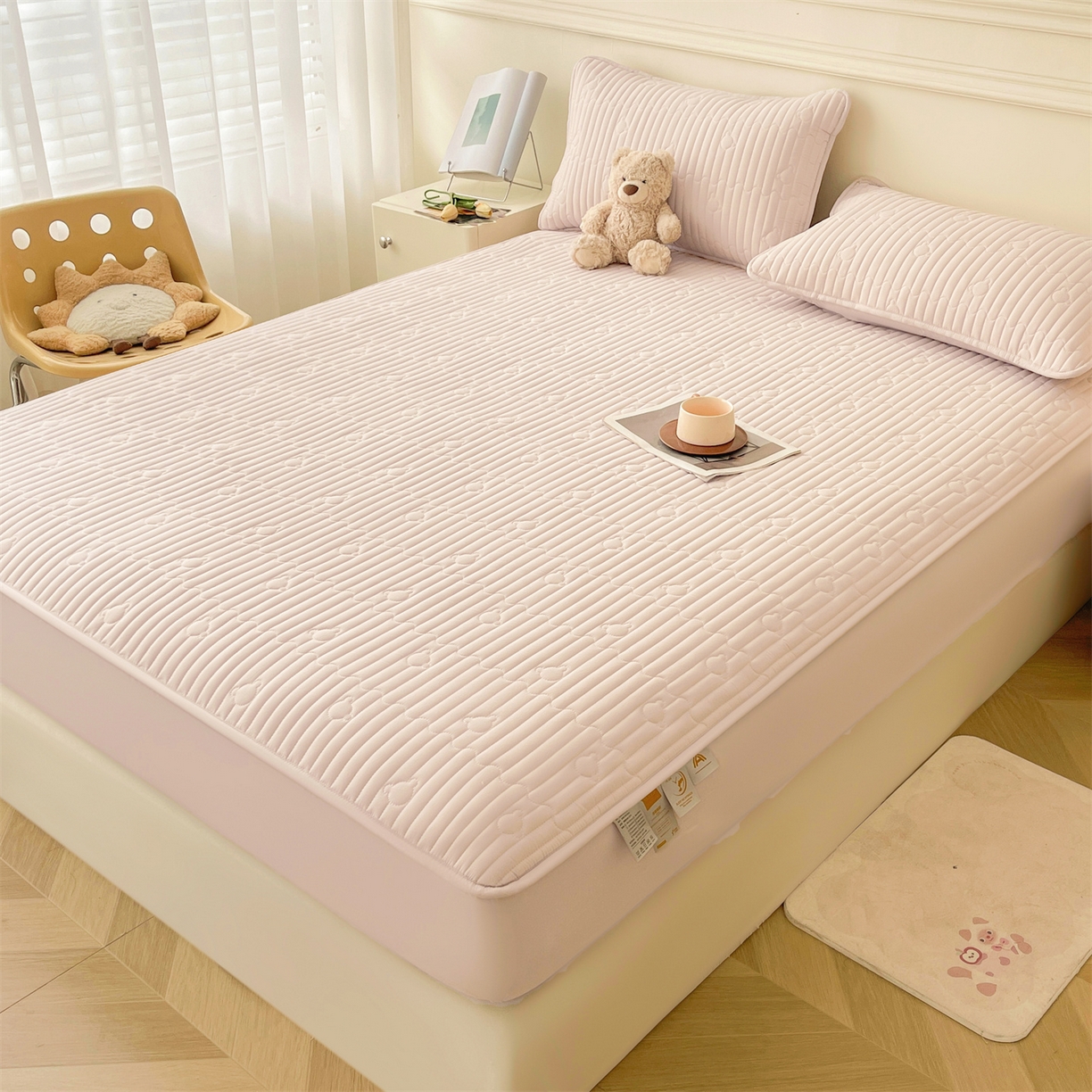 91家纺网 家纺一手货源 找家纺 雯豆家纺 2025新款洛川A类防水夹棉床笠三件套水洗棉磨毛床单保护套 洛川-奶咖