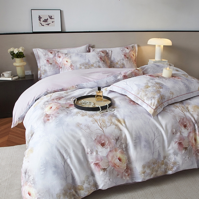 91家纺网 家纺一手货源 找家纺 金纱玉纺家纺 2025数码印花100%棉四件套 飞花-彐