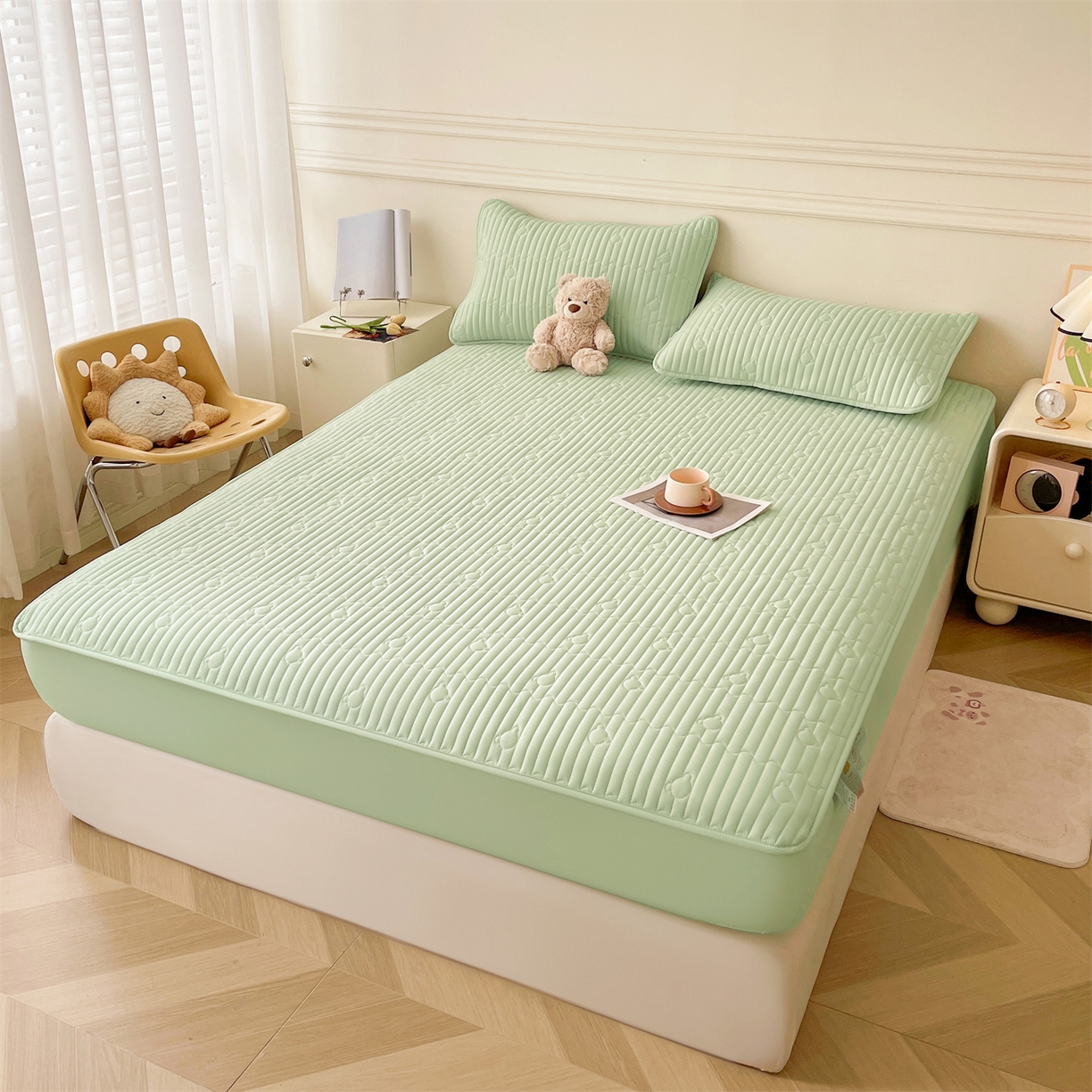 91家纺网 家纺一手货源 找家纺 雯豆家纺 2025新款洛川A类防水夹棉床笠三件套水洗棉磨毛床单保护套 洛川-清雅绿