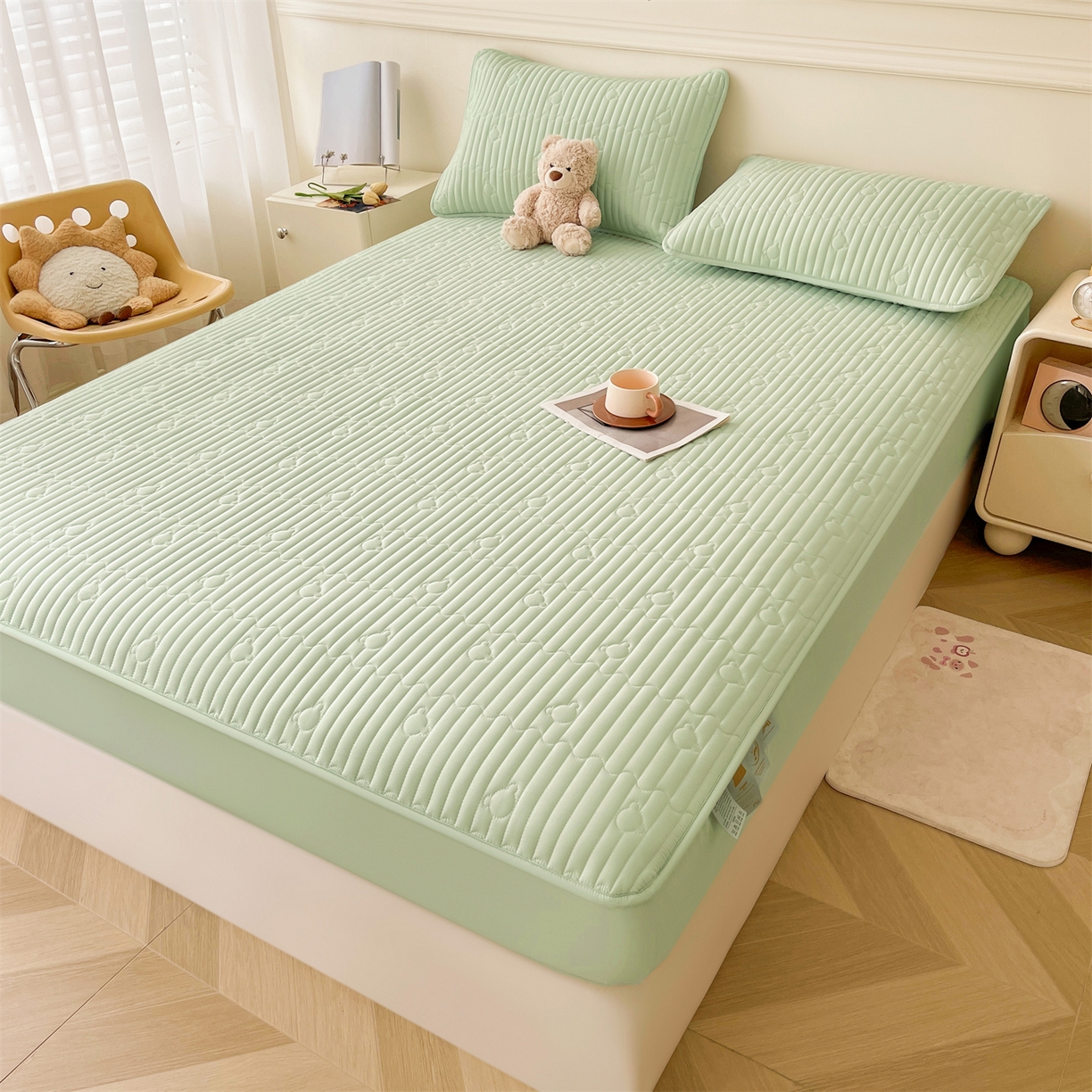 91家纺网 家纺一手货源 找家纺 雯豆家纺 2025新款洛川A类防水夹棉床笠三件套水洗棉磨毛床单保护套 洛川-清雅绿