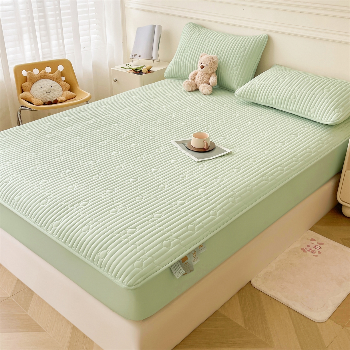 91家纺网 家纺一手货源 找家纺 雯豆家纺 2025新款洛川A类防水夹棉床笠三件套水洗棉磨毛床单保护套 洛川-清雅绿