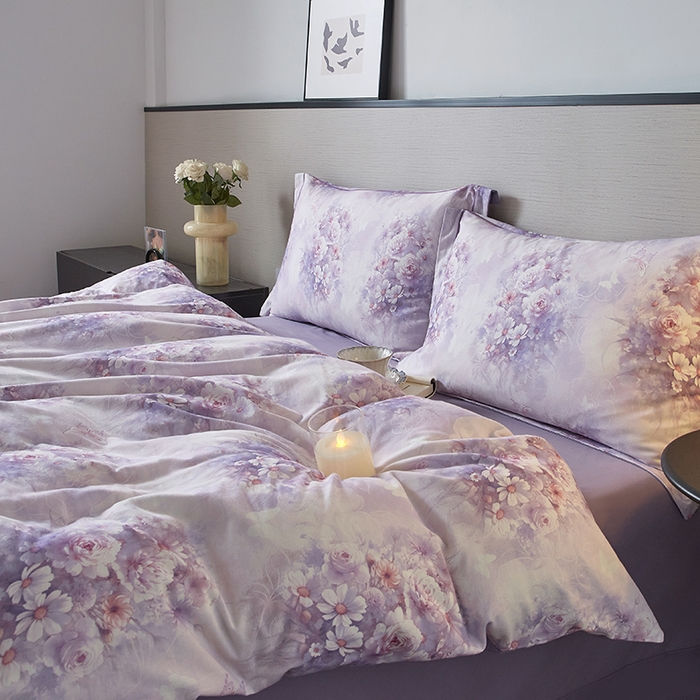 91家纺网 家纺一手货源 找家纺 金纱玉纺家纺 2025数码印花100%棉四件套 雨梦-紫