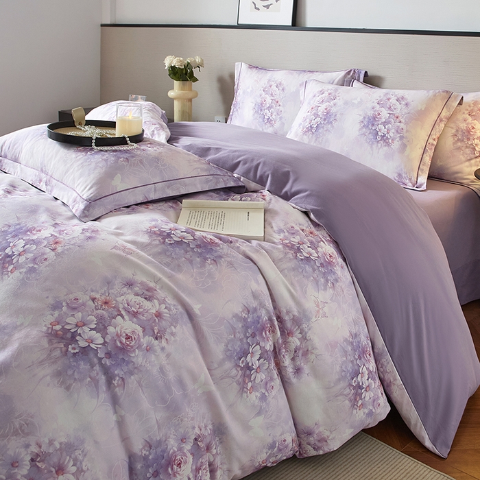 91家纺网 家纺一手货源 找家纺 金纱玉纺家纺 2025数码印花100%棉四件套 雨梦-紫