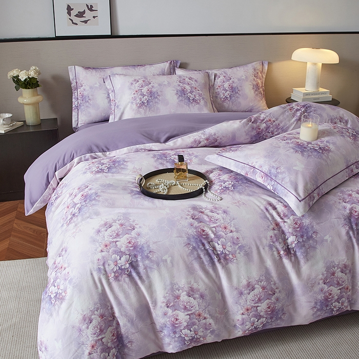 91家纺网 家纺一手货源 找家纺 金纱玉纺家纺 2025数码印花100%棉四件套 雨梦-紫