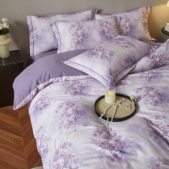 91家纺网 家纺一手货源 找家纺 金纱玉纺家纺 2025数码印花100%棉四件套 雨梦-紫