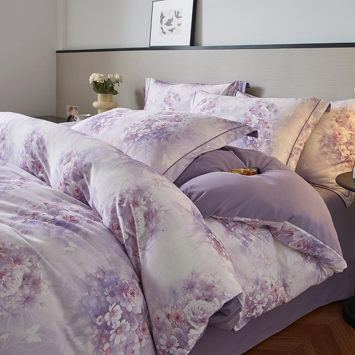 91家纺网 家纺一手货源 找家纺 金纱玉纺家纺 2025数码印花100%棉四件套 雨梦-紫