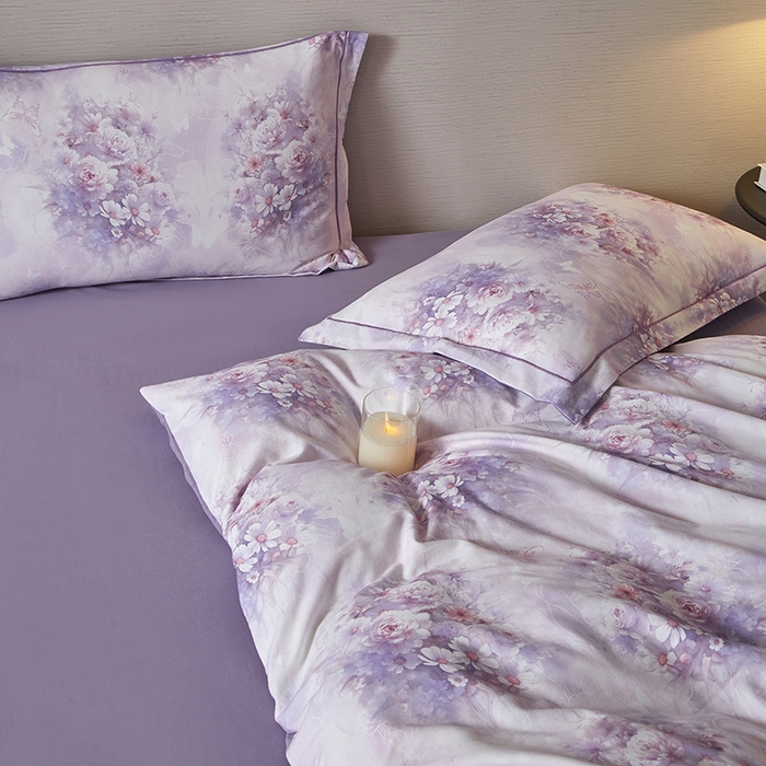 91家纺网 家纺一手货源 找家纺 金纱玉纺家纺 2025数码印花100%棉四件套 雨梦-紫