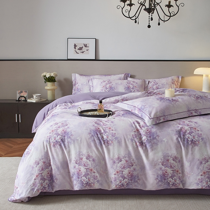 91家纺网 家纺一手货源 找家纺 金纱玉纺家纺 2025数码印花100%棉四件套 雨梦-紫