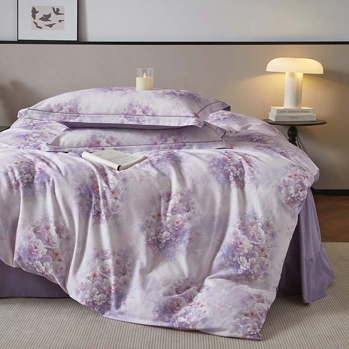 91家纺网 家纺一手货源 找家纺 金纱玉纺家纺 2025数码印花100%棉四件套 雨梦-紫