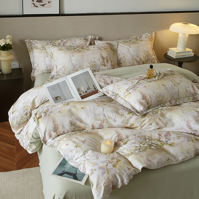 91家纺网 家纺一手货源 找家纺 金纱玉纺家纺 2025数码印花100%棉四件套 华美-绿