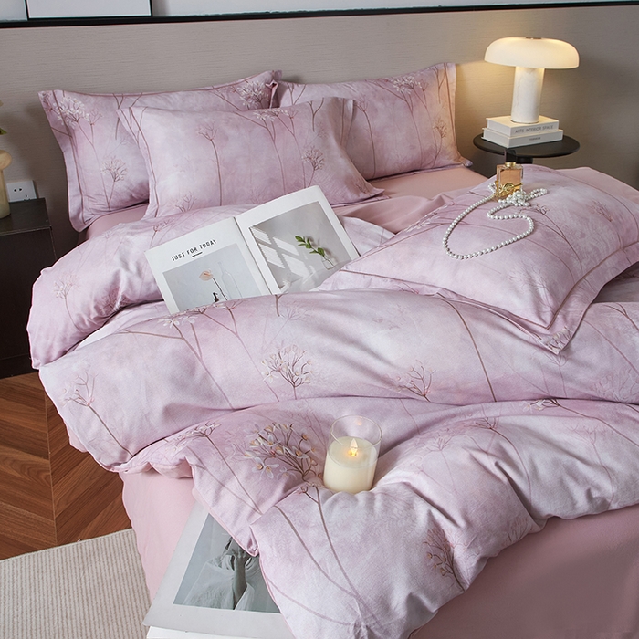 91家纺网 家纺一手货源 找家纺 金纱玉纺家纺 2025数码印花100%棉四件套 听风冷雨-粉