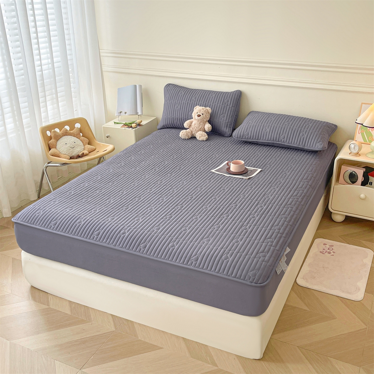 91家纺网 家纺一手货源 找家纺 雯豆家纺 2025新款洛川A类防水夹棉床笠三件套水洗棉磨毛床单保护套 洛川-深空灰