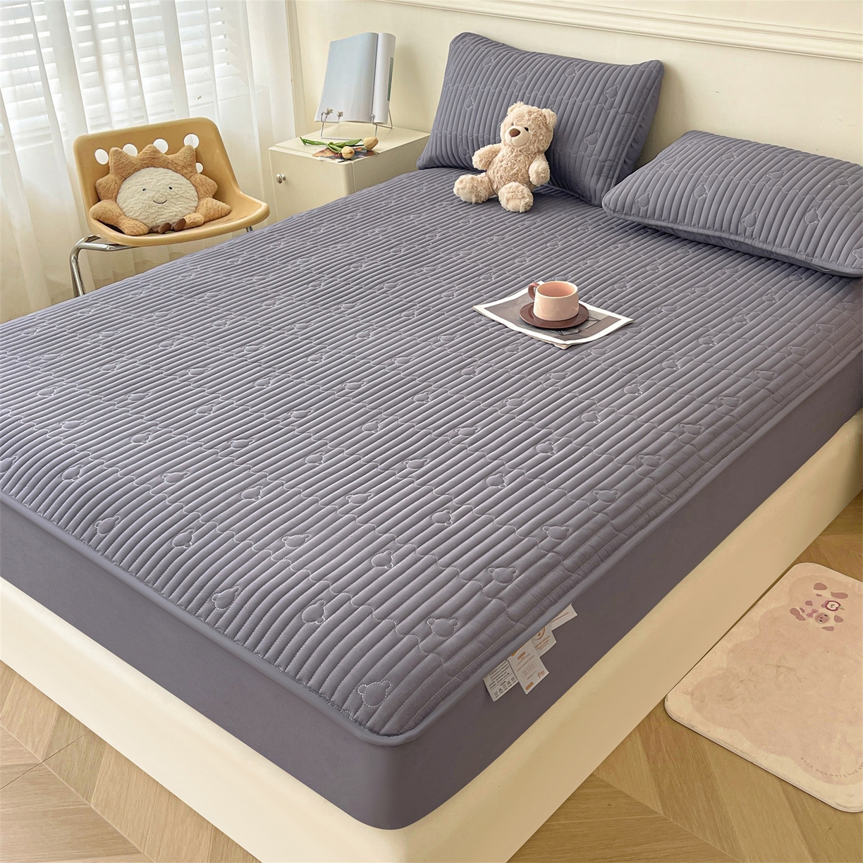 91家纺网 家纺一手货源 找家纺 雯豆家纺 2025新款洛川A类防水夹棉床笠三件套水洗棉磨毛床单保护套 洛川-深空灰