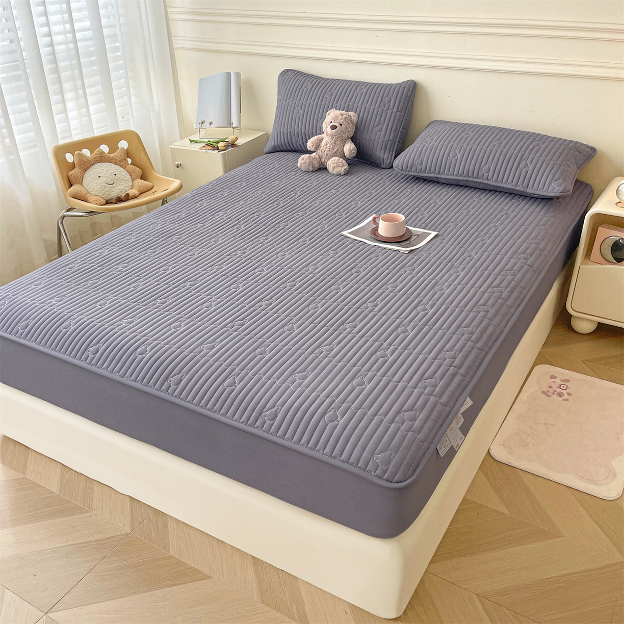 91家纺网 家纺一手货源 找家纺 雯豆家纺 2025新款洛川A类防水夹棉床笠三件套水洗棉磨毛床单保护套 洛川-深空灰