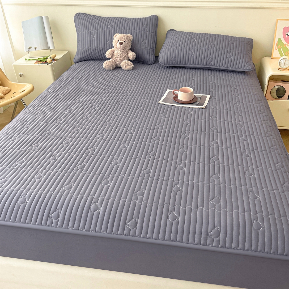 91家纺网 家纺一手货源 找家纺 雯豆家纺 2025新款洛川A类防水夹棉床笠三件套水洗棉磨毛床单保护套 洛川-深空灰