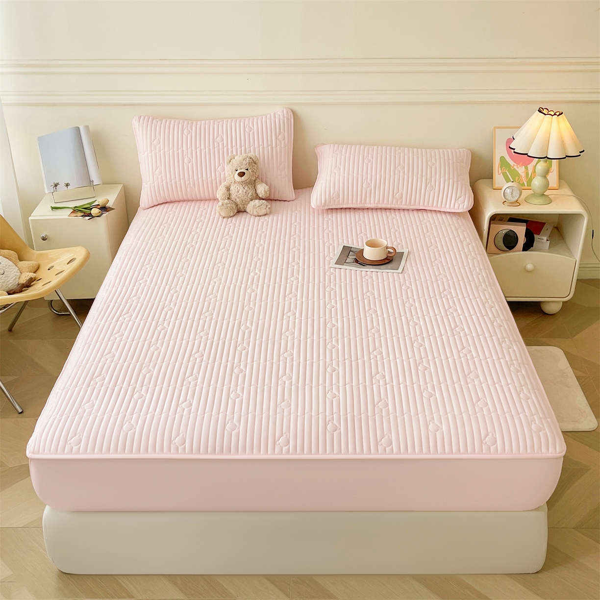 91家纺网 家纺一手货源 找家纺 （总）雯豆家纺 2025新款洛川A类夹棉床笠三件套水洗棉磨毛纯色床护垫床单保护套