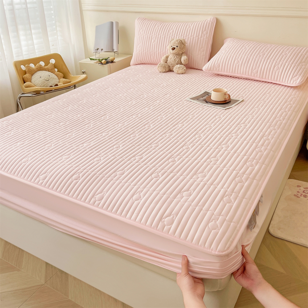 91家纺网 家纺一手货源 找家纺 （总）雯豆家纺 2025新款洛川A类夹棉床笠三件套水洗棉磨毛纯色床护垫床单保护套