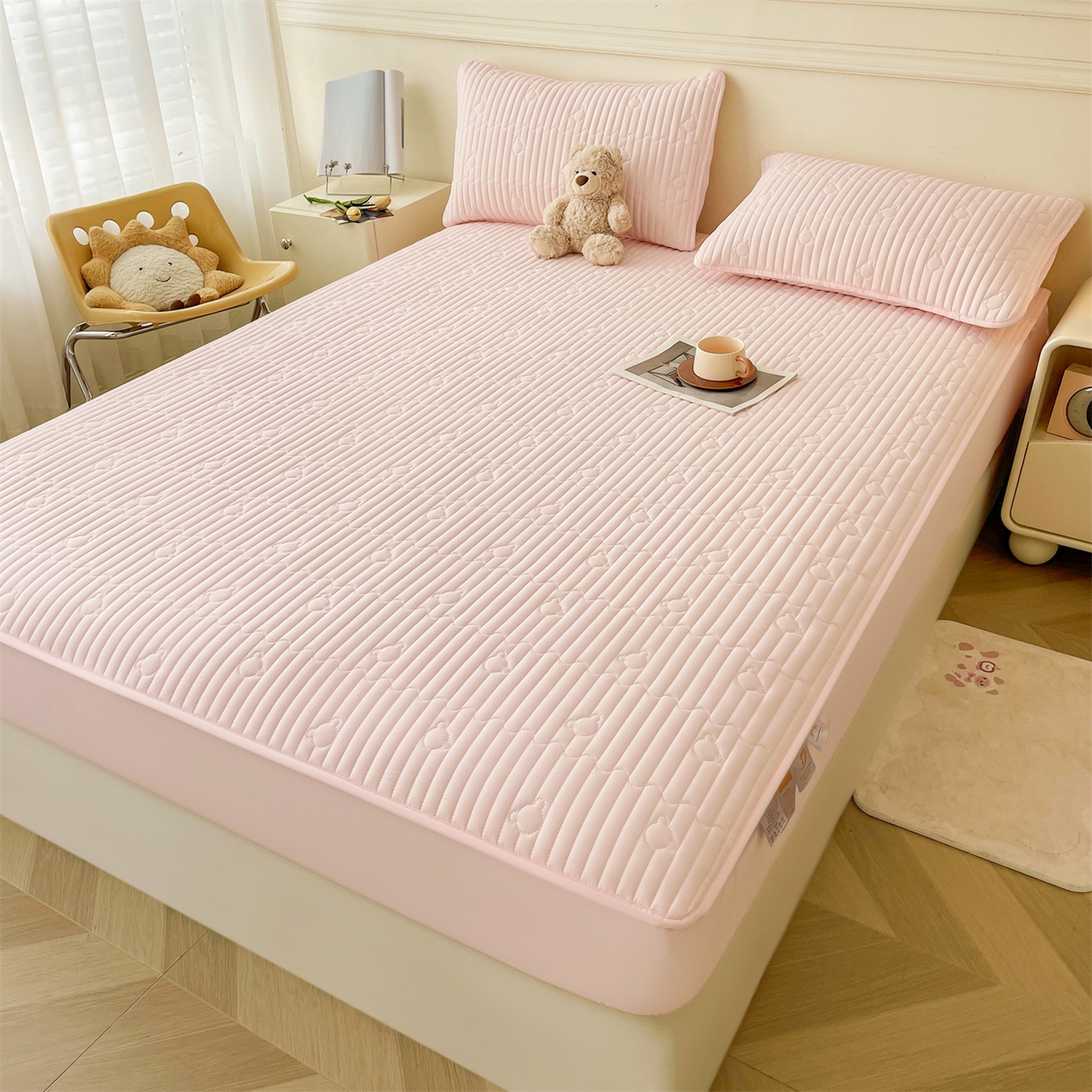 91家纺网 家纺一手货源 找家纺 （总）雯豆家纺 2025新款洛川A类防水夹棉床笠三件套水洗棉磨毛床单保护套