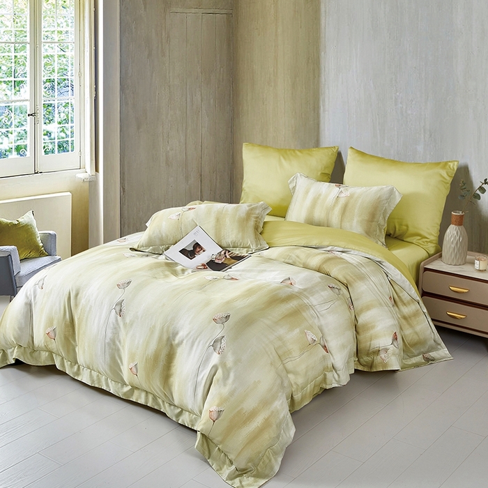 91家纺网 家纺一手货源 找家纺 威克凯丽 2025新款60兰精天丝系列四件套 云雅黄-松花绿