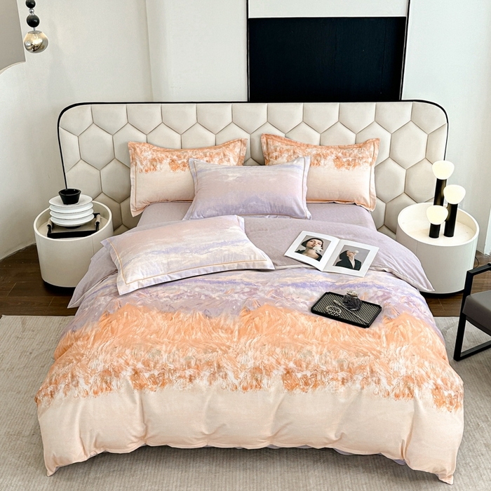 91家纺网 家纺一手货源 找家纺 2025年新款全棉长绒棉数码印花四件套 风花山眠-桔