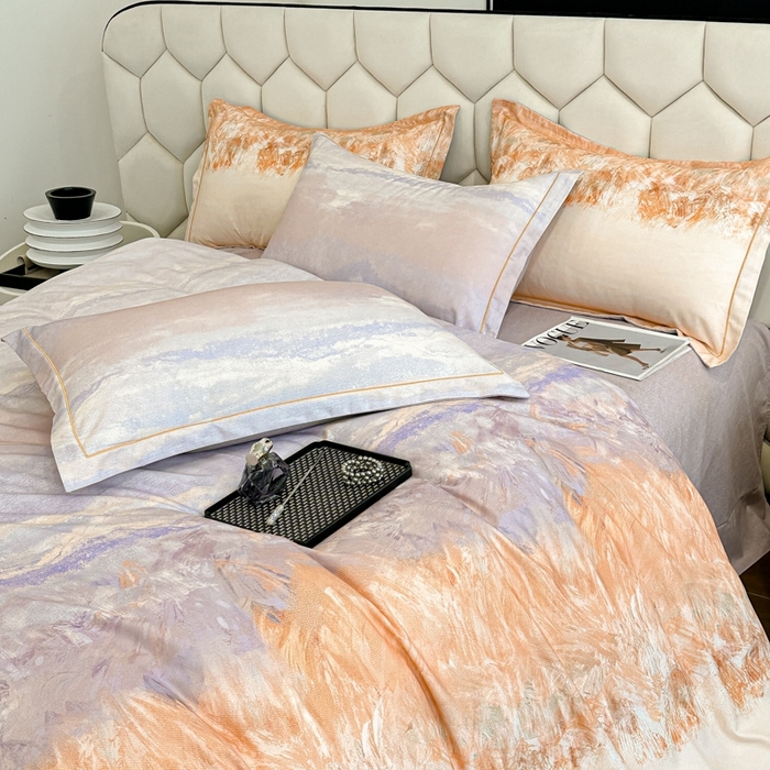 91家纺网 家纺一手货源 找家纺 2025年新款全棉长绒棉数码印花四件套 风花山眠-桔