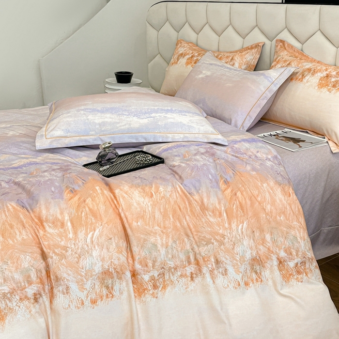 91家纺网 家纺一手货源 找家纺 2025年新款全棉长绒棉数码印花四件套 风花山眠-桔