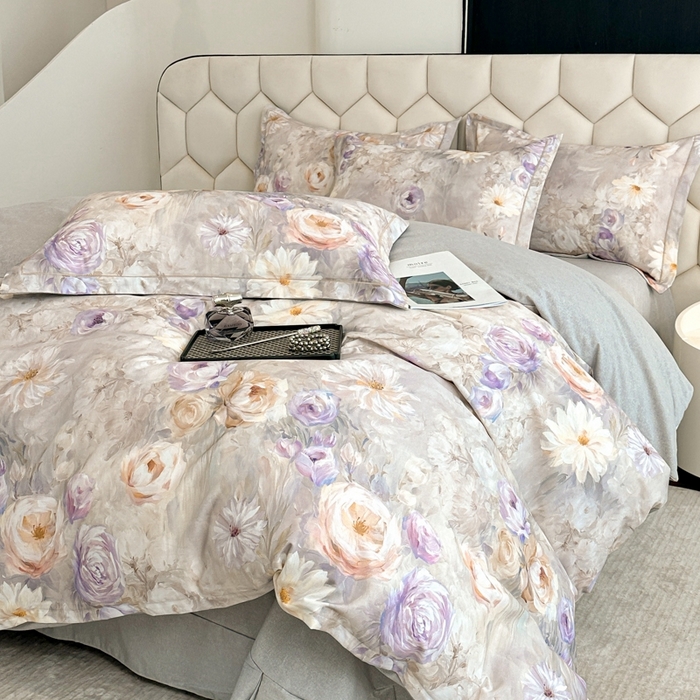 2025年新款全棉长绒棉数码印花四件套 清香花田-灰