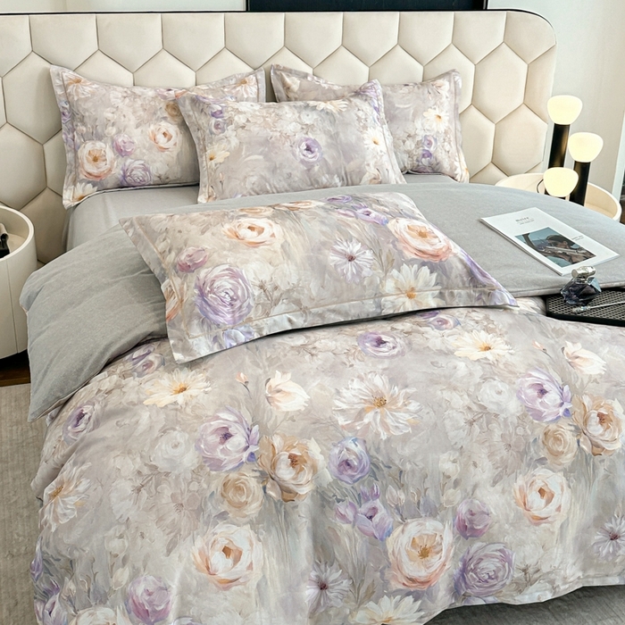 91家纺网 家纺一手货源 找家纺 2025年新款全棉长绒棉数码印花四件套 清香花田-灰