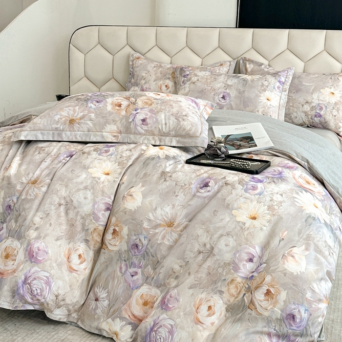 91家纺网 家纺一手货源 找家纺 2025年新款全棉长绒棉数码印花四件套 清香花田-灰