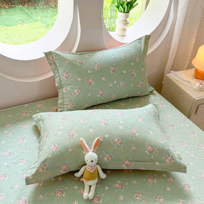 壹贝家纺 2025新款小清新全棉纯棉印花系列-单枕套  沐熙花-绿