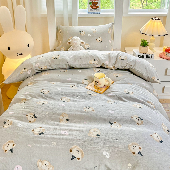 91家纺网 家纺一手货源 找家纺 优米家纺 2025新款A类云感双层纱学生宿舍三件套上下铺三件套 恋爱熊