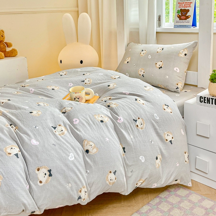 91家纺网 家纺一手货源 找家纺 优米家纺 2025新款A类云感双层纱学生宿舍三件套上下铺三件套 恋爱熊