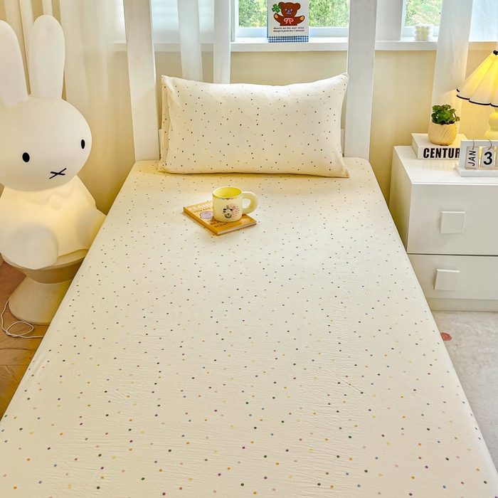 91家纺网 家纺一手货源 找家纺 优米家纺 2025新款A类云感双层纱学生宿舍三件套上下铺三件套 七彩点点