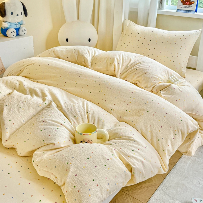 91家纺网 家纺一手货源 找家纺 优米家纺 2025新款A类云感双层纱学生宿舍三件套上下铺三件套 七彩点点