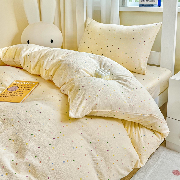 91家纺网 家纺一手货源 找家纺 优米家纺 2025新款A类云感双层纱学生宿舍三件套上下铺三件套 七彩点点