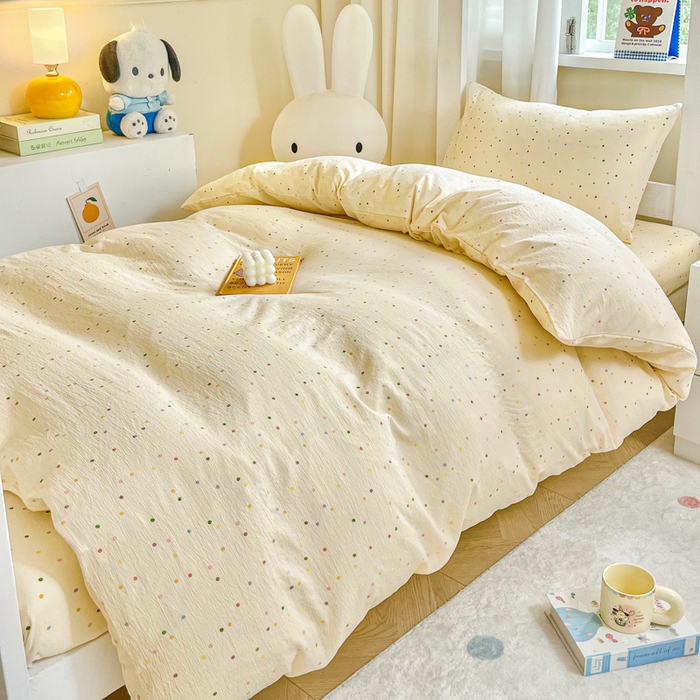 91家纺网 家纺一手货源 找家纺 优米家纺 2025新款A类云感双层纱学生宿舍三件套上下铺三件套 七彩点点