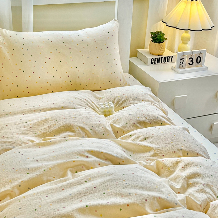 91家纺网 家纺一手货源 找家纺 优米家纺 2025新款A类云感双层纱学生宿舍三件套上下铺三件套 七彩点点