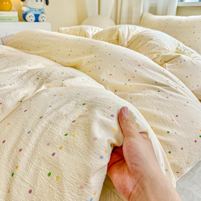 91家纺网 家纺一手货源 找家纺 优米家纺 2025新款A类云感双层纱学生宿舍三件套上下铺三件套 七彩点点
