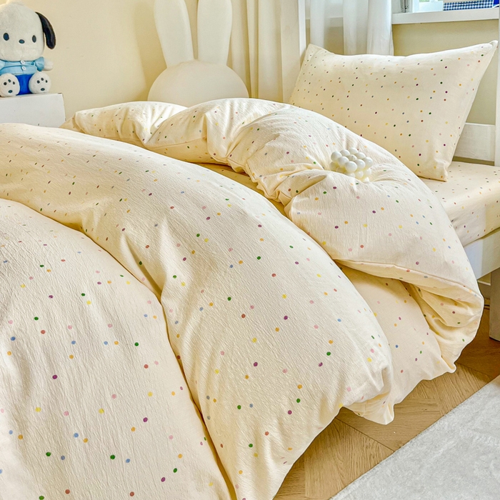 91家纺网 家纺一手货源 找家纺 优米家纺 2025新款A类云感双层纱学生宿舍三件套上下铺三件套 七彩点点